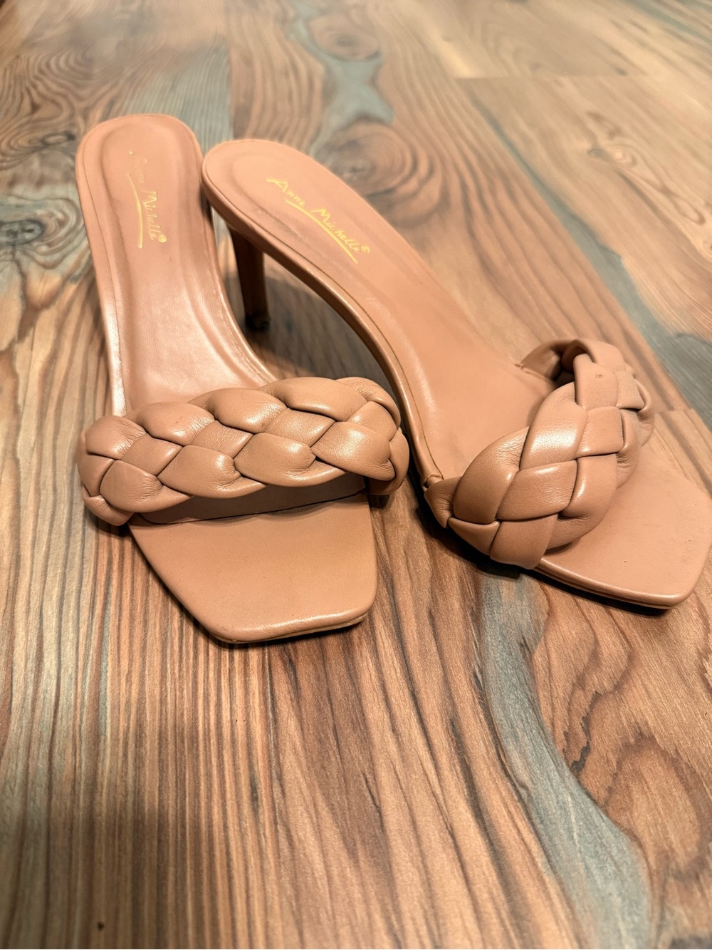Anne Michelle Braided Strap Tan Mule Heels